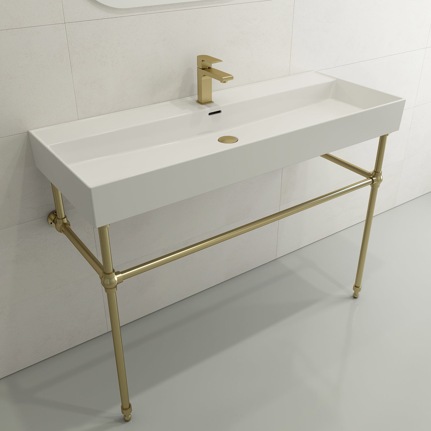 BOCCHI Milano 48" Rectangle Wallmount Fireclay Bathroom Sink, White, Single Faucet Hole, 1394-001-0126