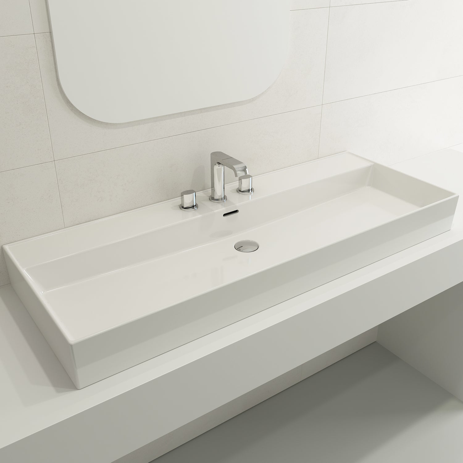 BOCCHI Milano 48" Rectangle Wallmount Fireclay Bathroom Sink, White, 3 Faucet Hole, 1394-001-0127