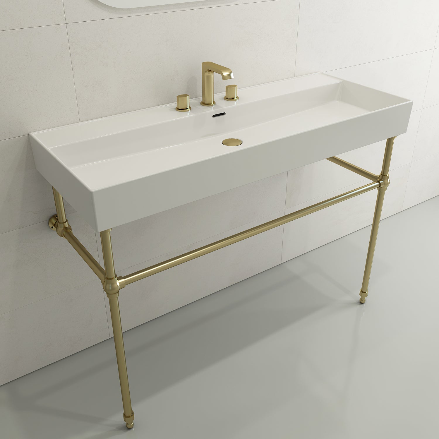 BOCCHI Milano 48" Rectangle Wallmount Fireclay Bathroom Sink, White, 3 Faucet Hole, 1394-001-0127