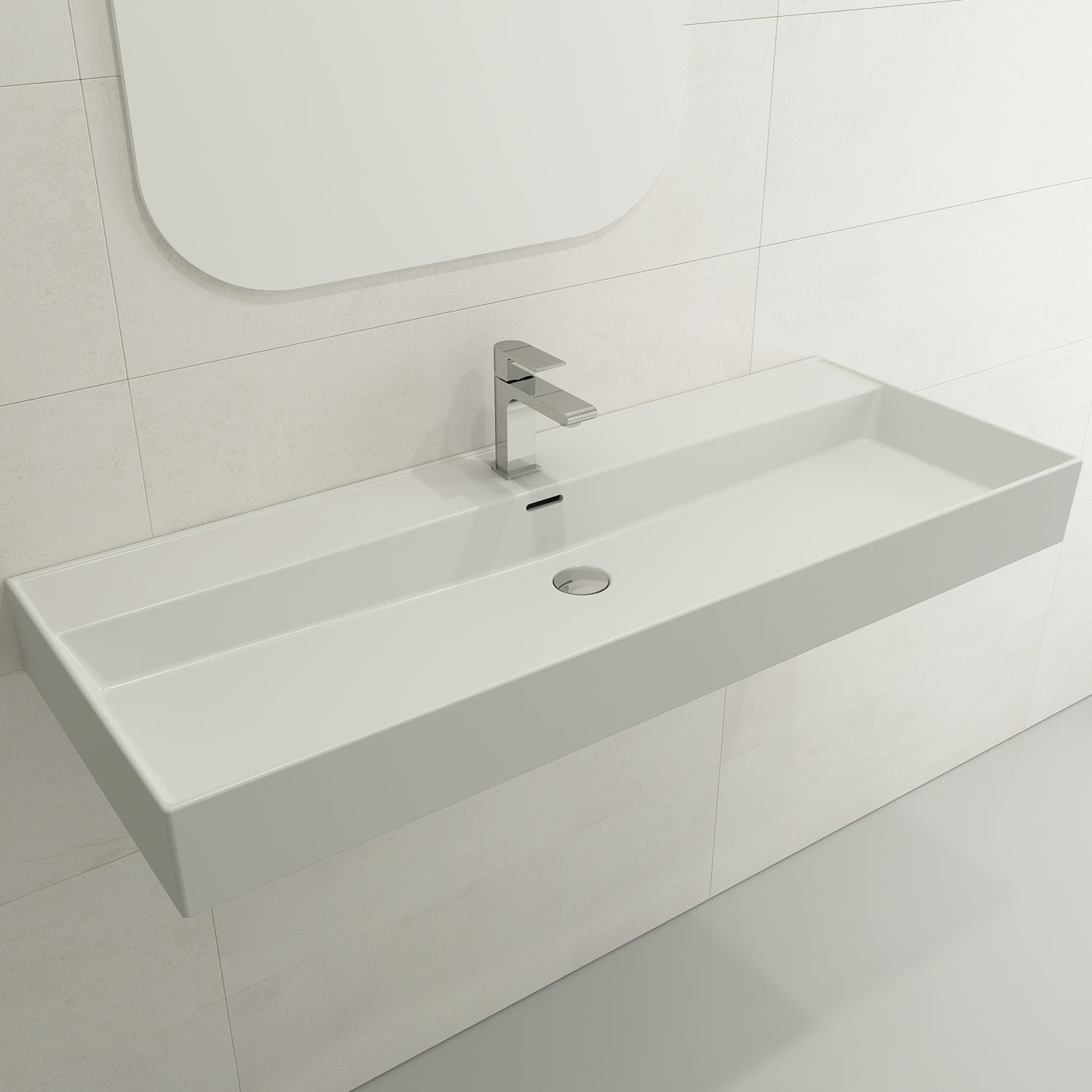 BOCCHI Milano 48" Rectangle Wallmount Fireclay Bathroom Sink, Matte White, Single Faucet Hole, 1394-002-0126