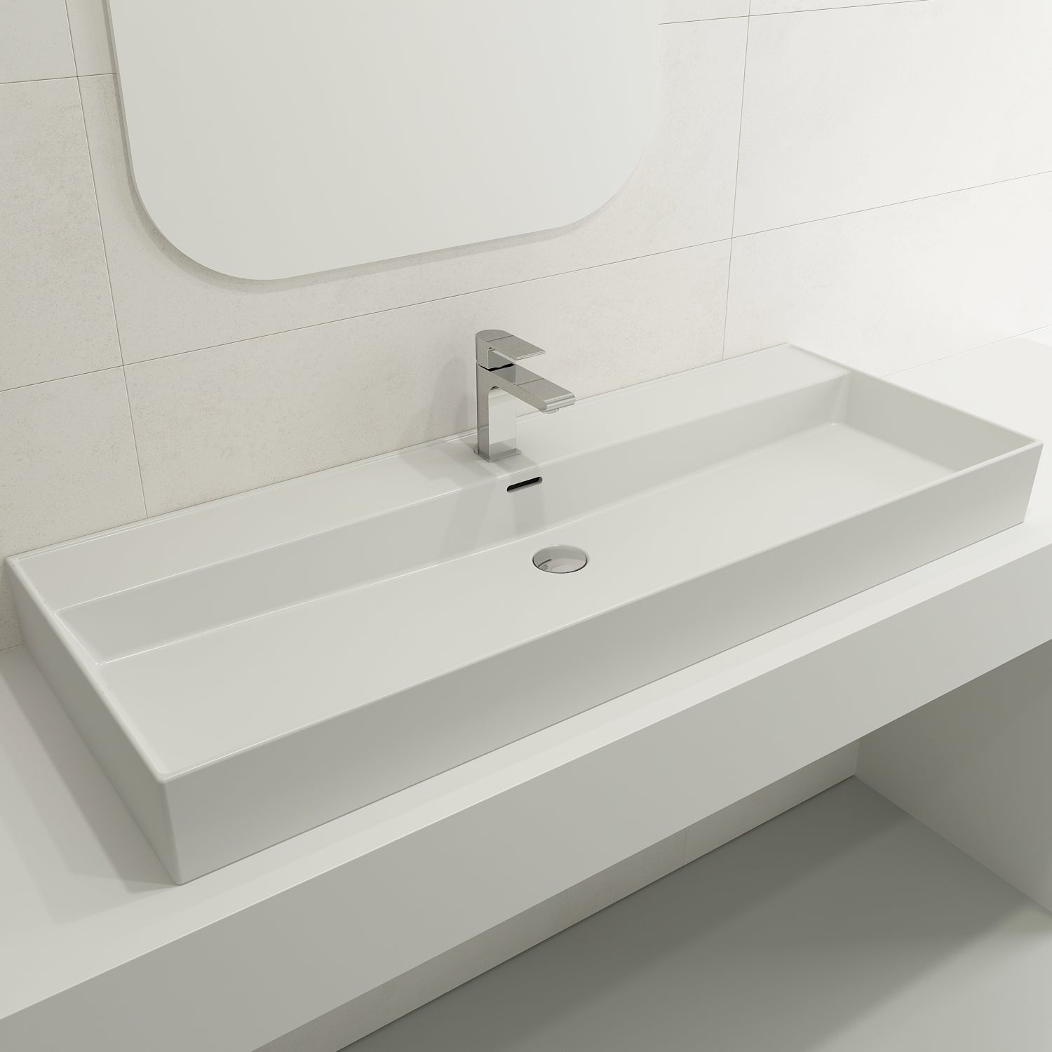 BOCCHI Milano 48" Rectangle Wallmount Fireclay Bathroom Sink, Matte White, Single Faucet Hole, 1394-002-0126