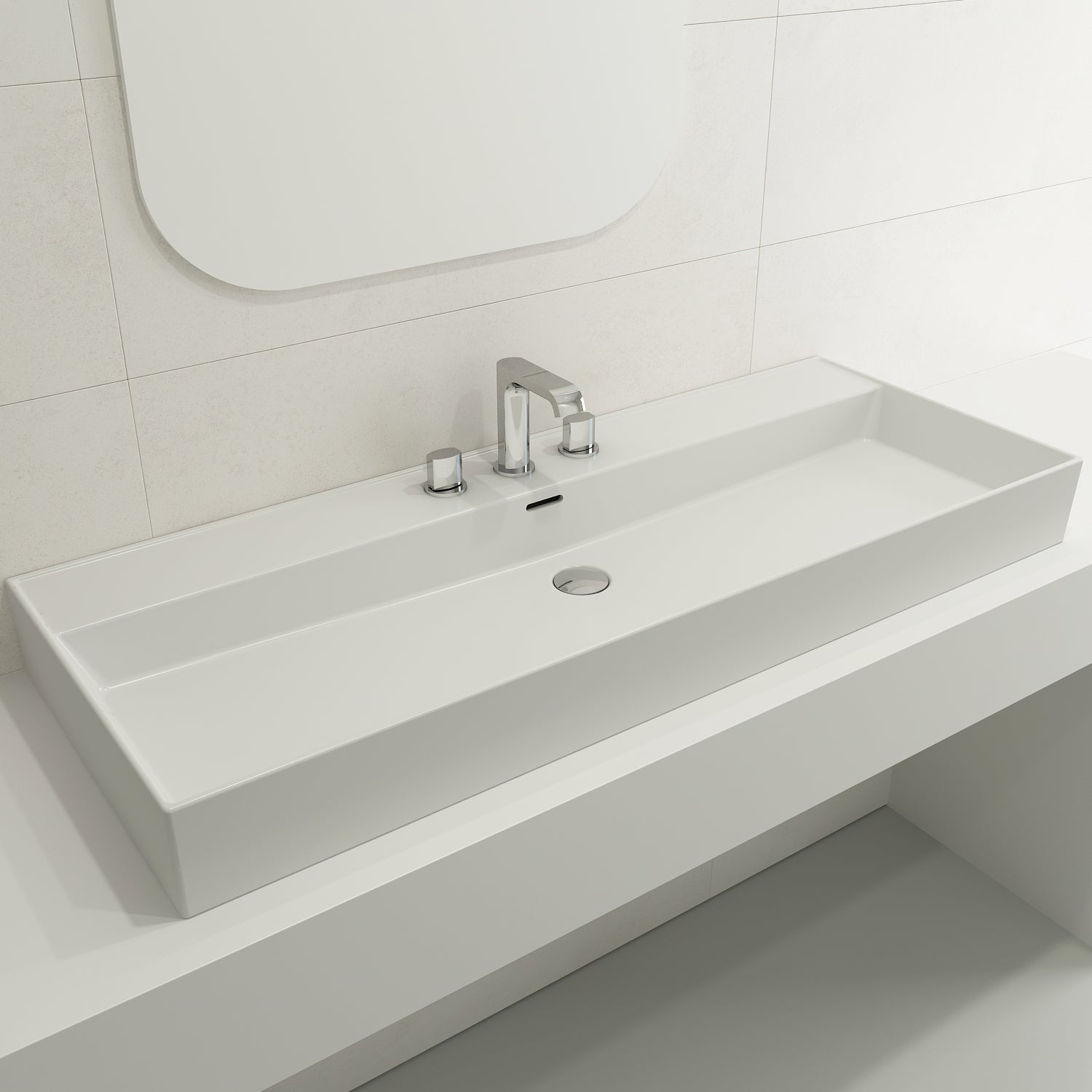BOCCHI Milano 48" Rectangle Wallmount Fireclay Bathroom Sink, Matte White, 3 Faucet Hole, 1394-002-0127
