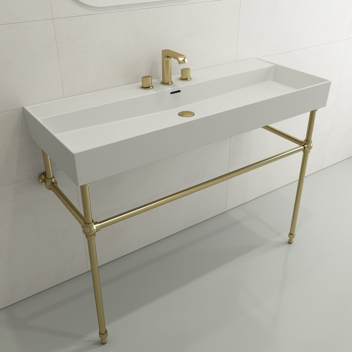 BOCCHI Milano 48" Rectangle Wallmount Fireclay Bathroom Sink, Matte White, 3 Faucet Hole, 1394-002-0127