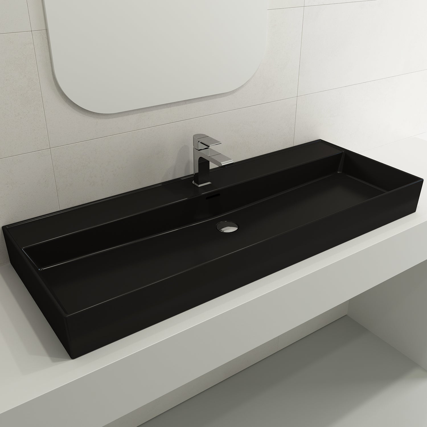 BOCCHI Milano 48" Rectangle Wallmount Fireclay Bathroom Sink, Matte Black, Single Faucet Hole, 1394-004-0126