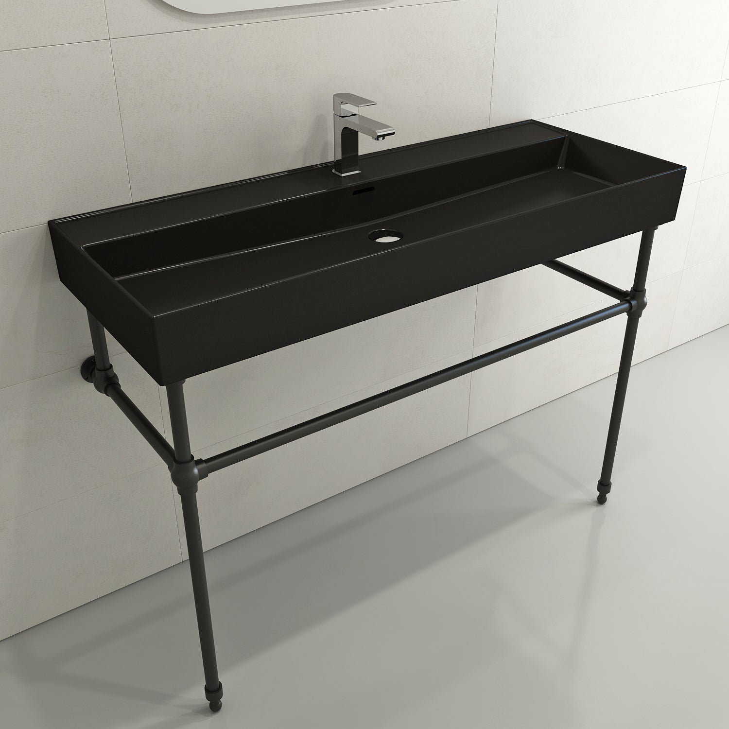 BOCCHI Milano 48" Rectangle Wallmount Fireclay Bathroom Sink, Matte Black, Single Faucet Hole, 1394-004-0126