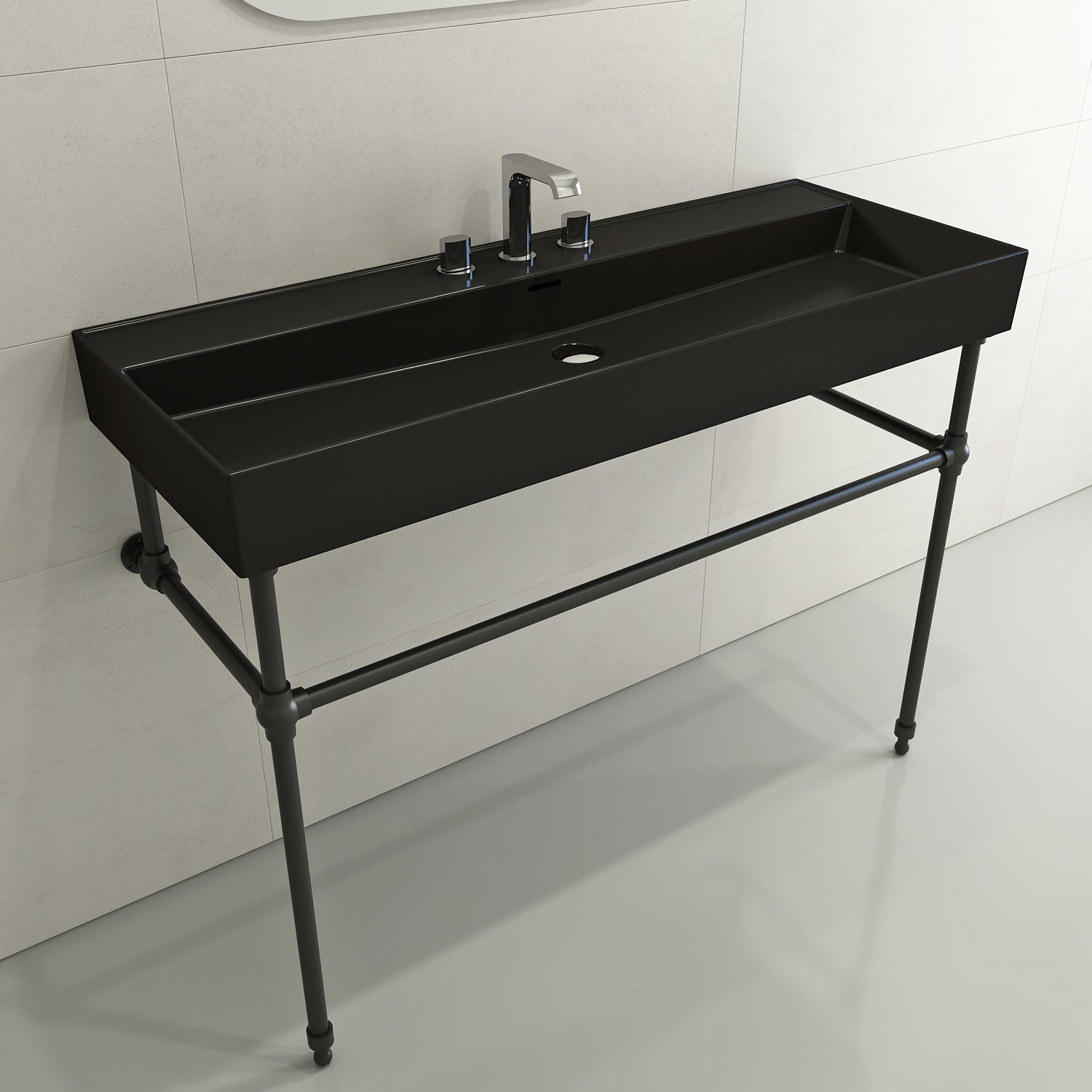 BOCCHI Milano 48" Rectangle Wallmount Fireclay Bathroom Sink, Matte Black, 3 Faucet Hole, 1394-004-0127
