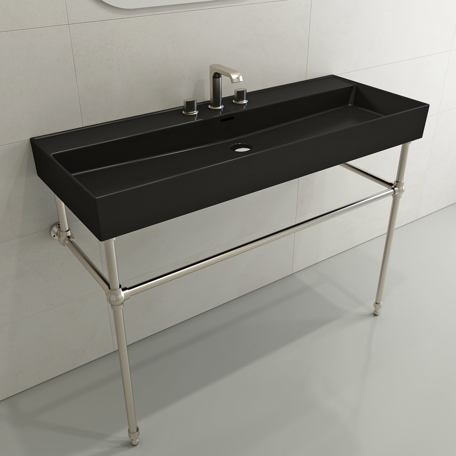 BOCCHI Milano 48" Rectangle Wallmount Fireclay Bathroom Sink, Matte Black, 3 Faucet Hole, 1394-004-0127