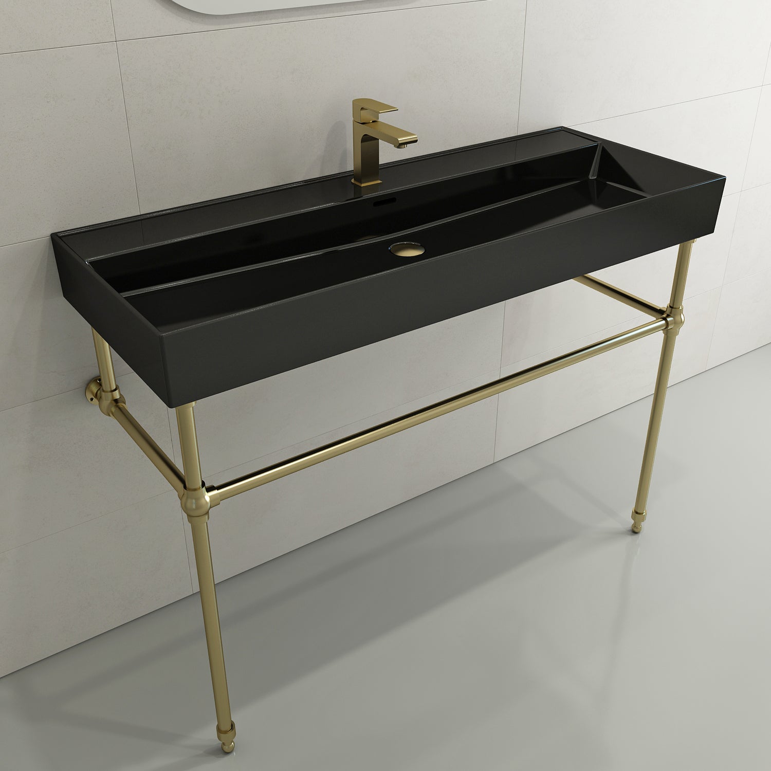 BOCCHI Milano 48" Rectangle Wallmount Fireclay Bathroom Sink, Black, Single Faucet Hole, 1394-005-0126