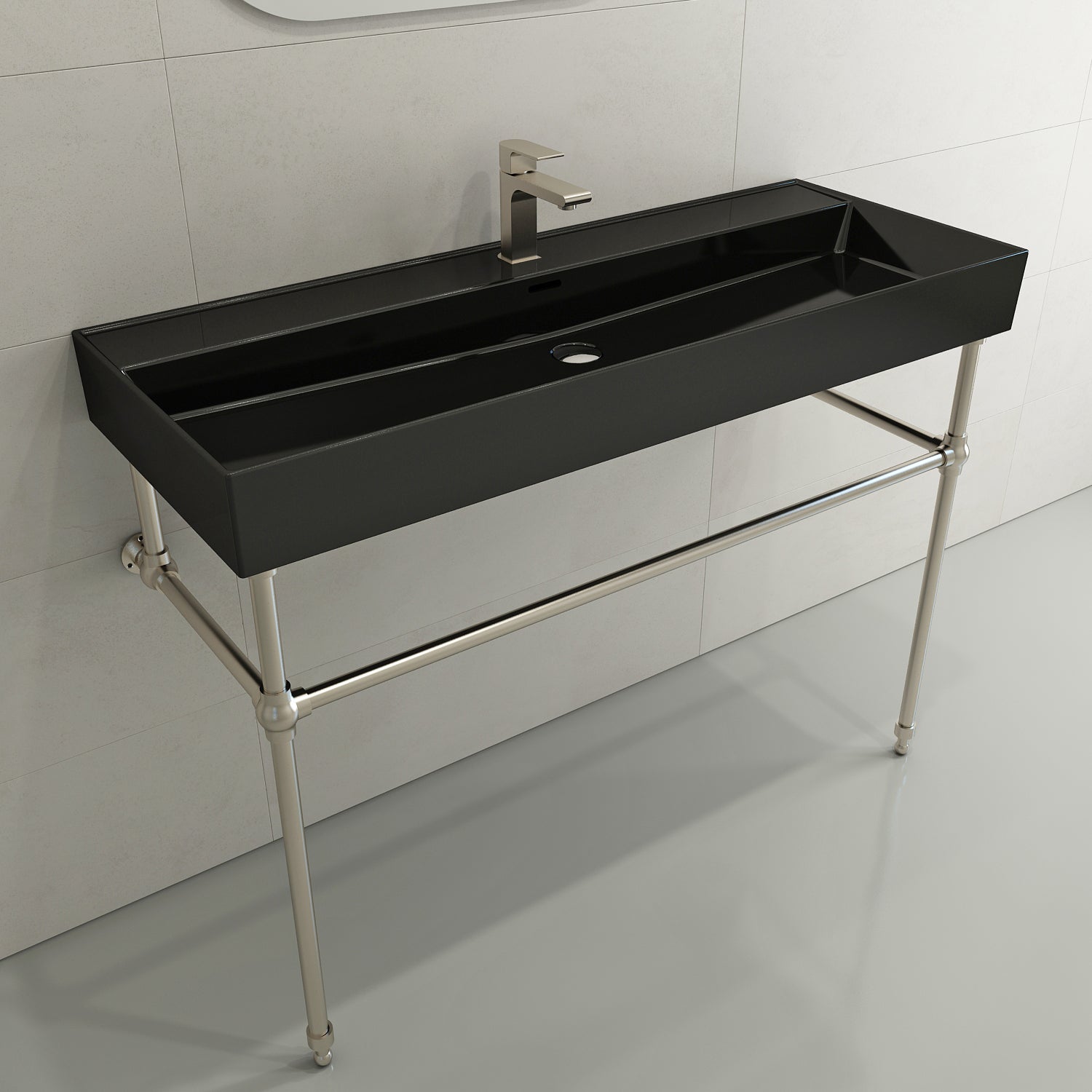 BOCCHI Milano 48" Rectangle Wallmount Fireclay Bathroom Sink, Black, Single Faucet Hole, 1394-005-0126