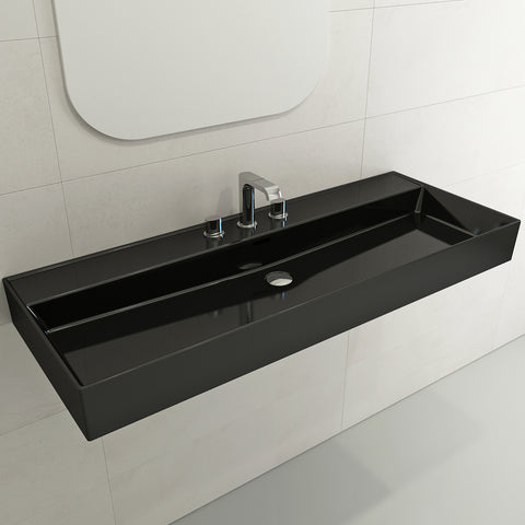 BOCCHI Milano 48" Rectangle Wallmount Fireclay Bathroom Sink, Black, 3 Faucet Hole, 1394-005-0127