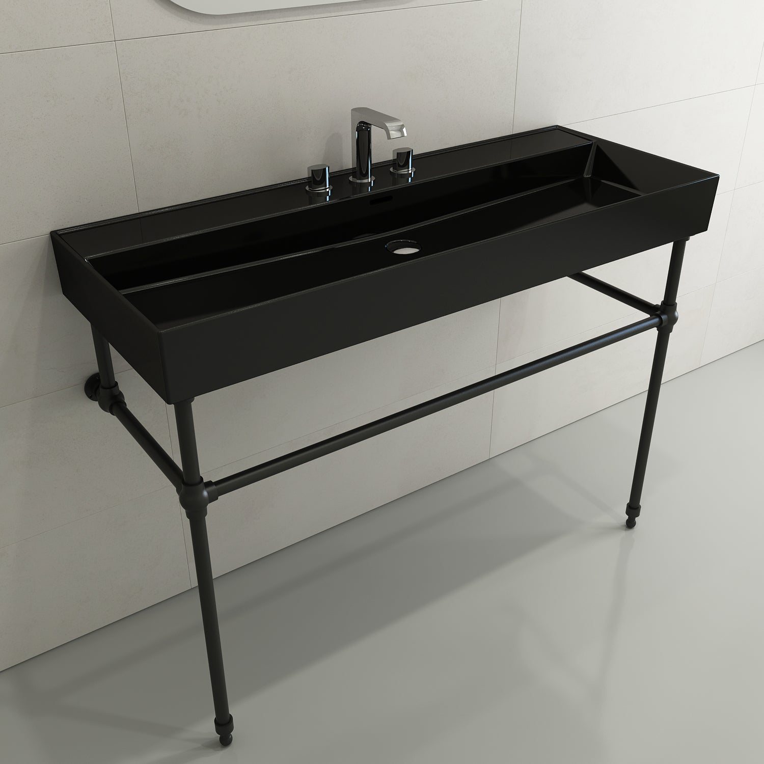 BOCCHI Milano 48" Rectangle Wallmount Fireclay Bathroom Sink, Black, 3 Faucet Hole, 1394-005-0127
