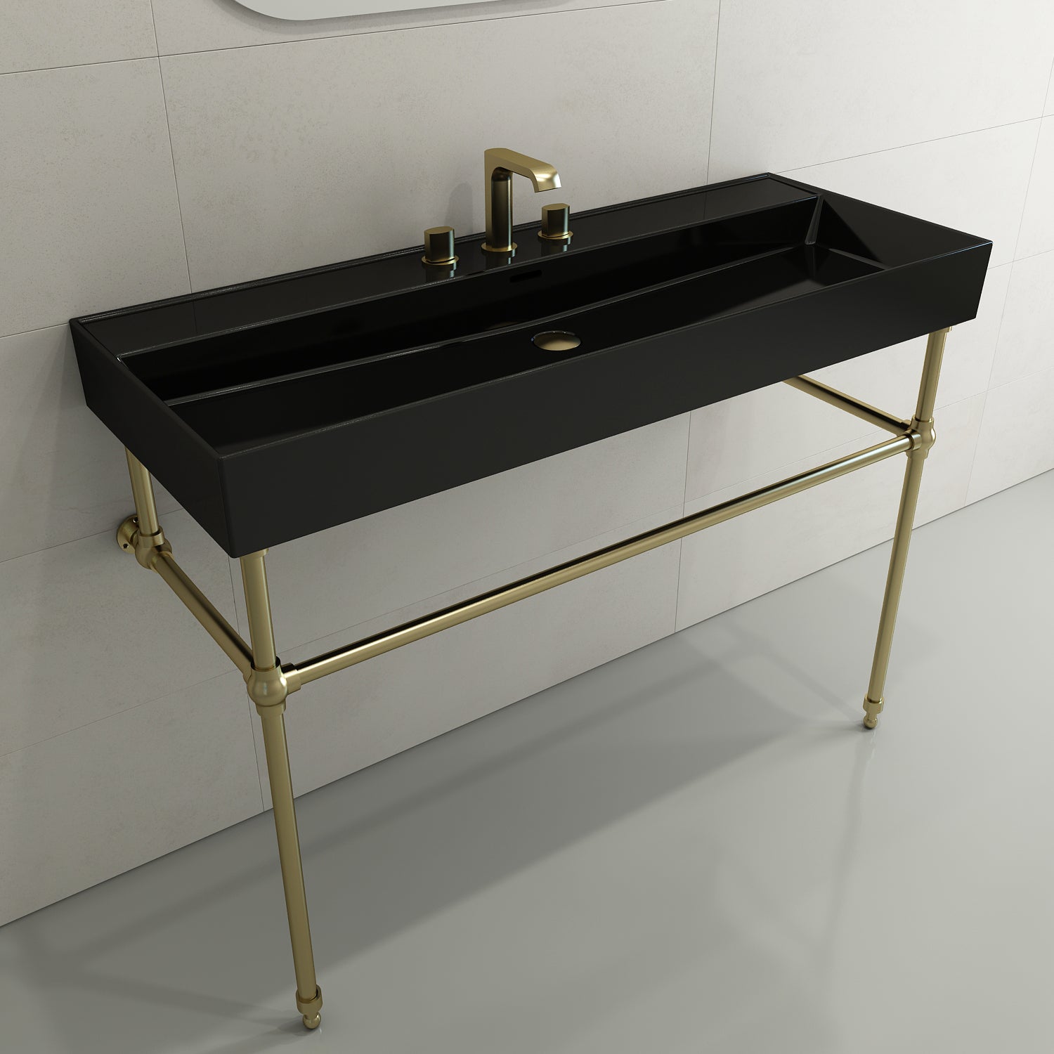 BOCCHI Milano 48" Rectangle Wallmount Fireclay Bathroom Sink, Black, 3 Faucet Hole, 1394-005-0127