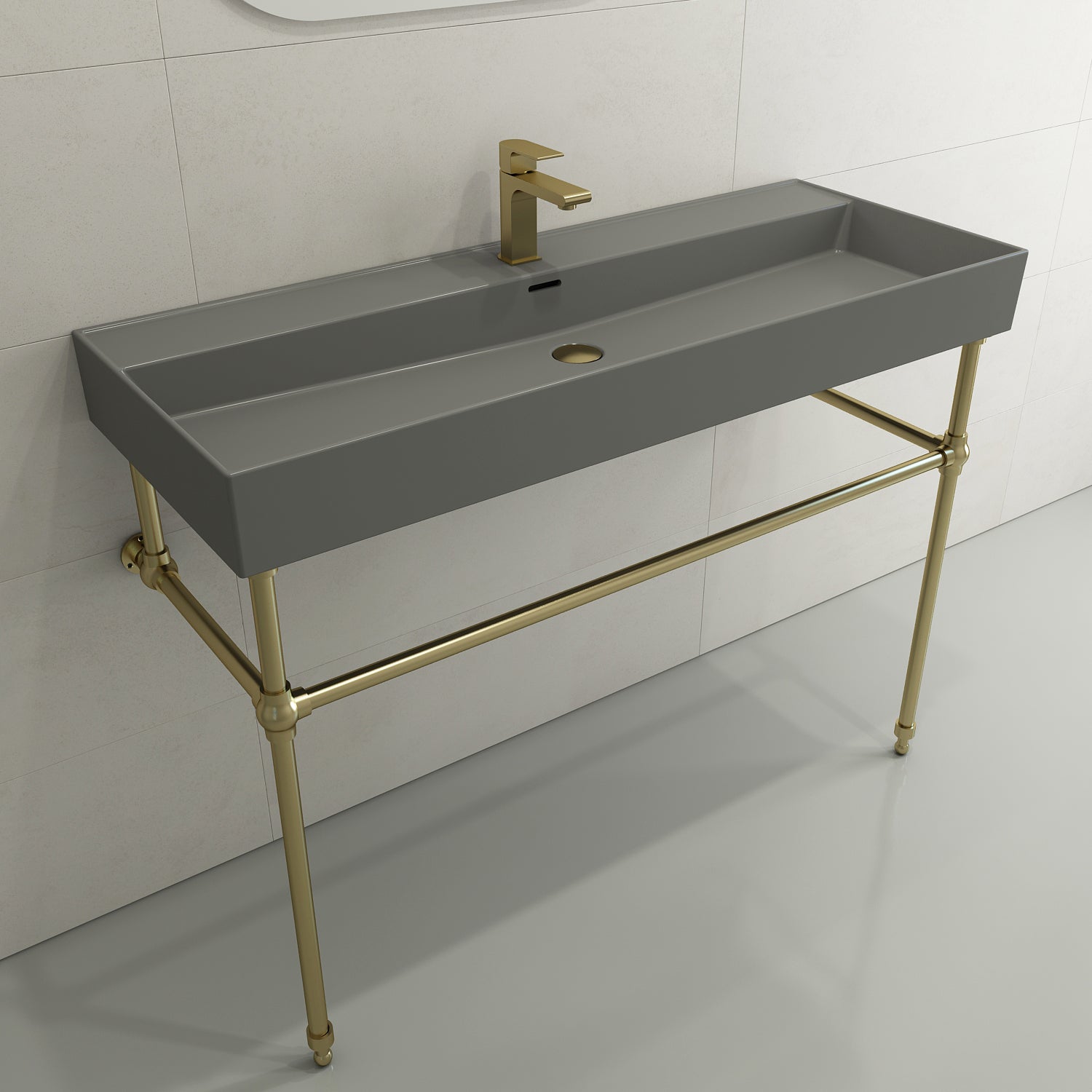 BOCCHI Milano 48" Rectangle Wallmount Fireclay Bathroom Sink, Matte Gray, Single Faucet Hole, 1394-006-0126