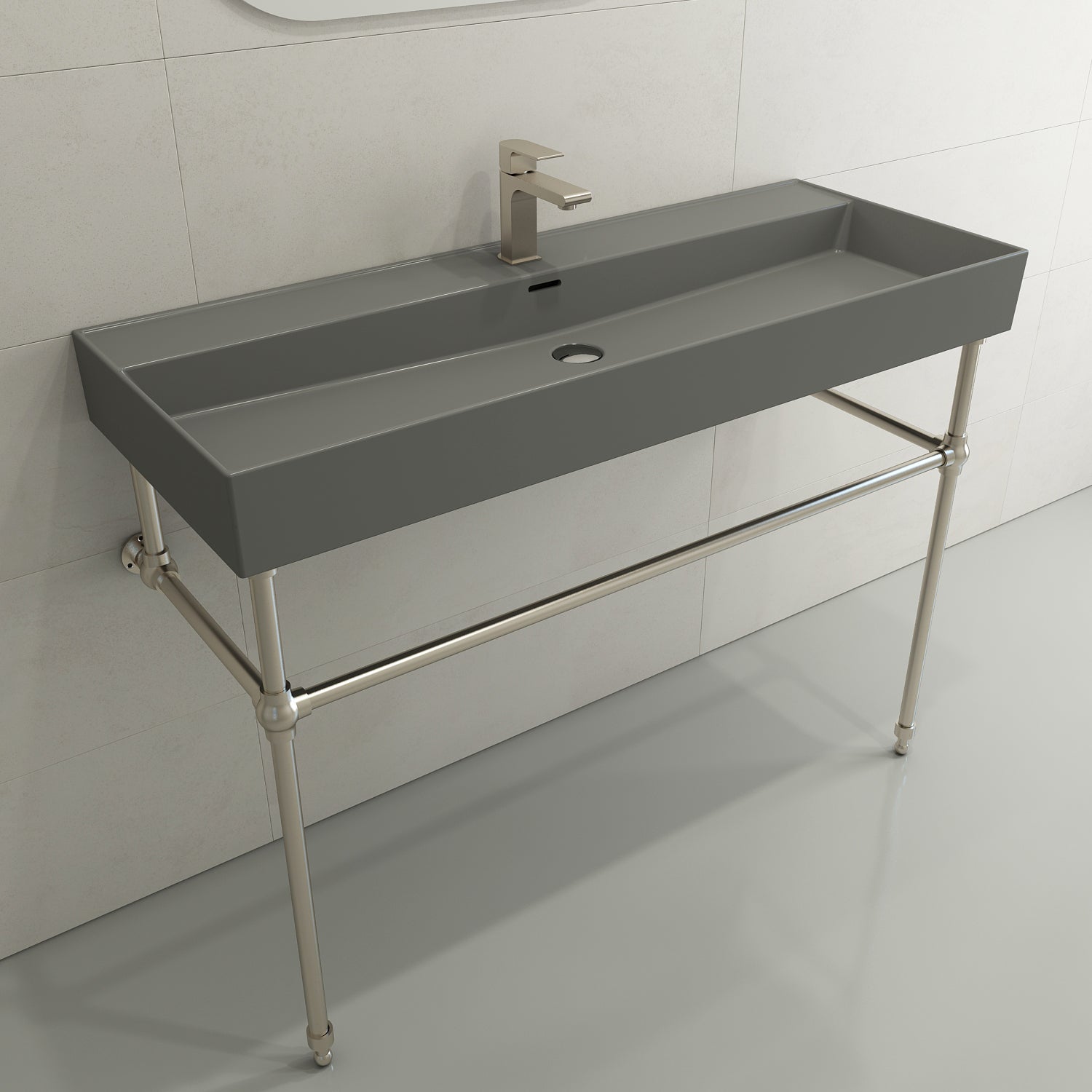 BOCCHI Milano 48" Rectangle Wallmount Fireclay Bathroom Sink, Matte Gray, Single Faucet Hole, 1394-006-0126