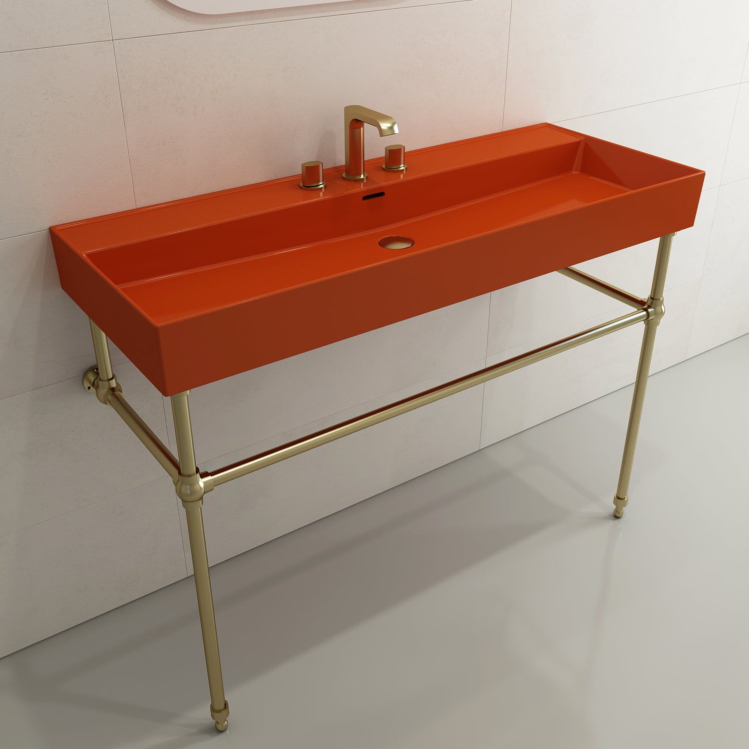 BOCCHI Milano 48" Rectangle Wallmount Fireclay Bathroom Sink, Orange, 3 Faucet Hole, 1394-012-0127