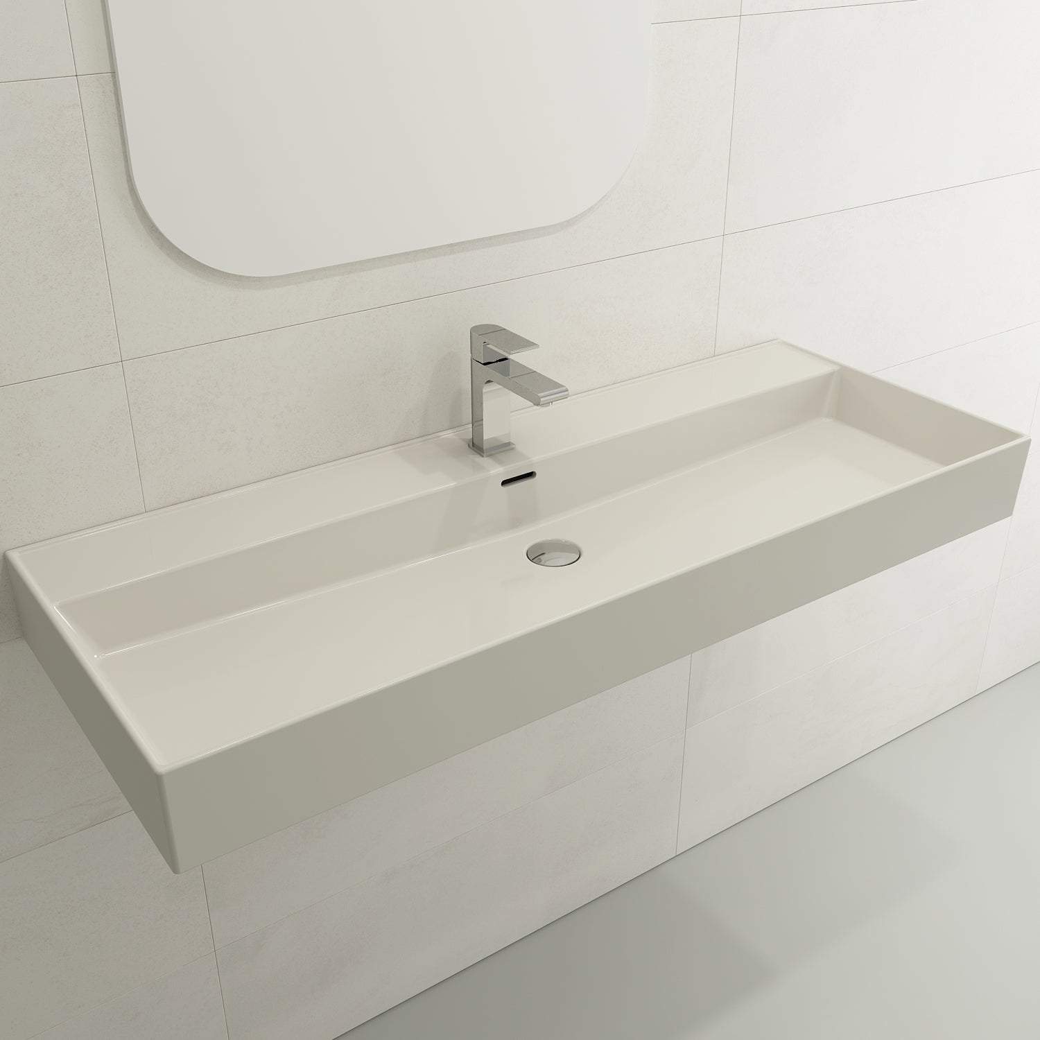 BOCCHI Milano 48" Rectangle Wallmount Fireclay Bathroom Sink, Biscuit, Single Faucet Hole, 1394-014-0126