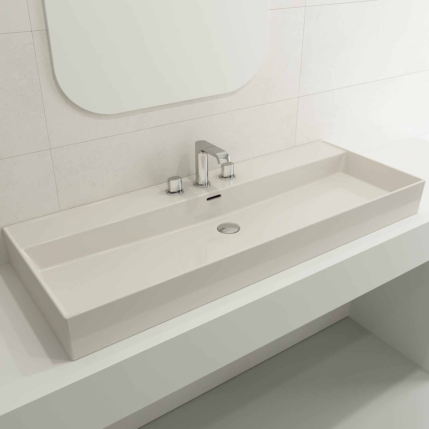 BOCCHI Milano 48" Rectangle Wallmount Fireclay Bathroom Sink, Biscuit, 3 Faucet Hole, 1394-014-0127