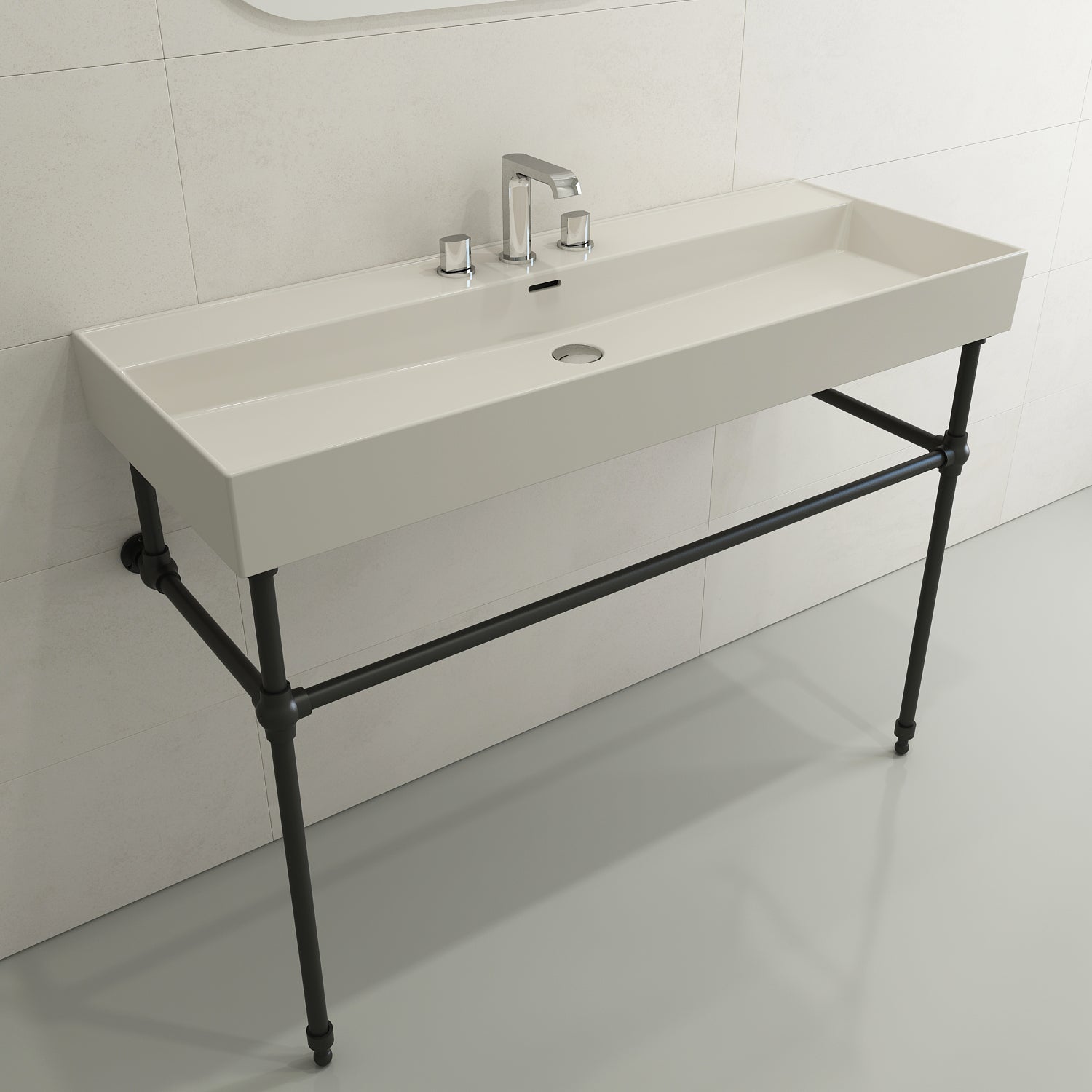 BOCCHI Milano 48" Rectangle Wallmount Fireclay Bathroom Sink, Biscuit, 3 Faucet Hole, 1394-014-0127