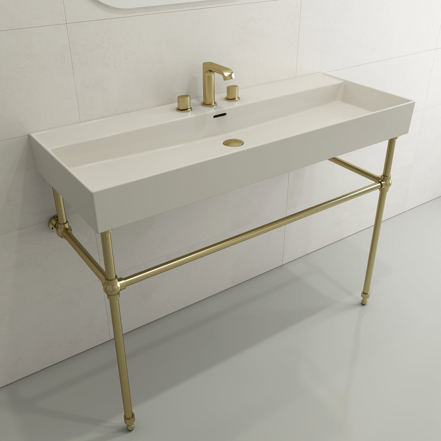 BOCCHI Milano 48" Rectangle Wallmount Fireclay Bathroom Sink, Biscuit, 3 Faucet Hole, 1394-014-0127