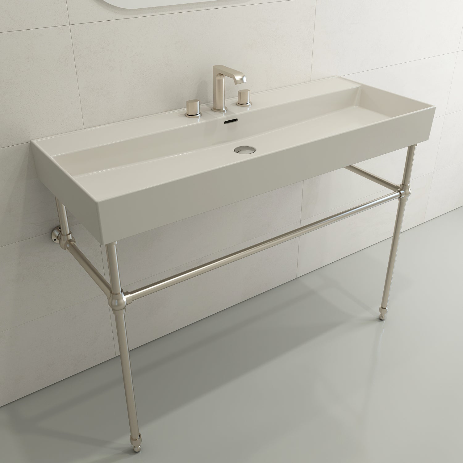 BOCCHI Milano 48" Rectangle Wallmount Fireclay Bathroom Sink, Biscuit, 3 Faucet Hole, 1394-014-0127
