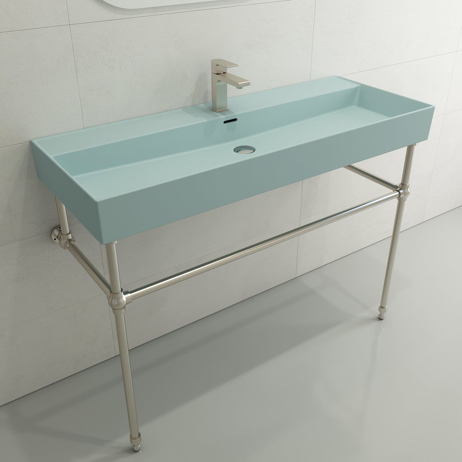 BOCCHI Milano 48" Rectangle Wallmount Fireclay Bathroom Sink, Matte Ice Blue, Single Faucet Hole, 1394-029-0126