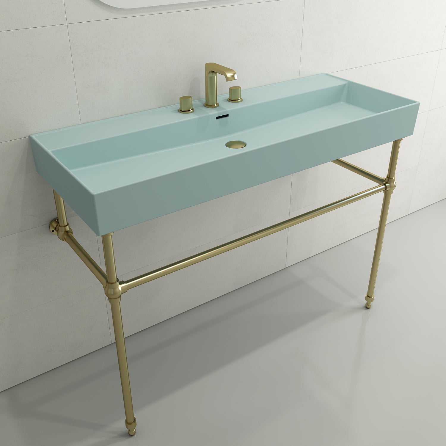 BOCCHI Milano 48" Rectangle Wallmount Fireclay Bathroom Sink, Matte Ice Blue, 3 Faucet Hole, 1394-029-0127