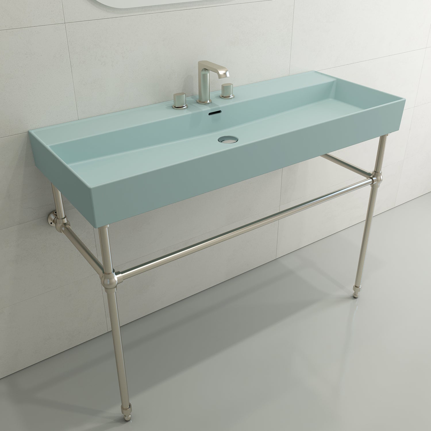 BOCCHI Milano 48" Rectangle Wallmount Fireclay Bathroom Sink, Matte Ice Blue, 3 Faucet Hole, 1394-029-0127