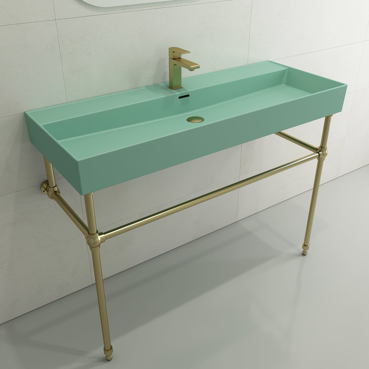 BOCCHI Milano 48" Rectangle Wallmount Fireclay Bathroom Sink, Matte Mint Green, Single Faucet Hole, 1394-033-0126