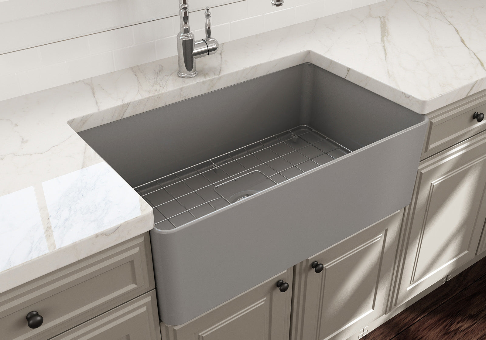 BOCCHI Aderci Ultra-Slim 30" Fireclay Farmhouse Sink, Matte Gray, 1481-006-0120