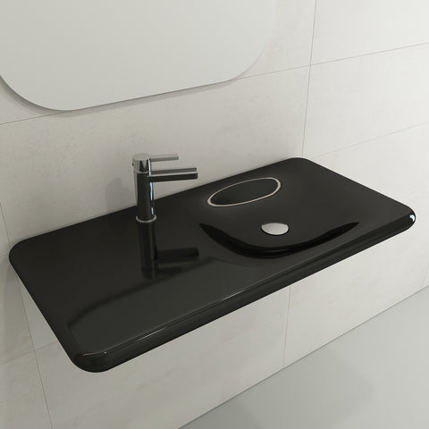 BOCCHI Fenice 36" Rectangle Wallmount Fireclay Bathroom Sink, Black, Single Faucet Hole, 1490-005-0126
