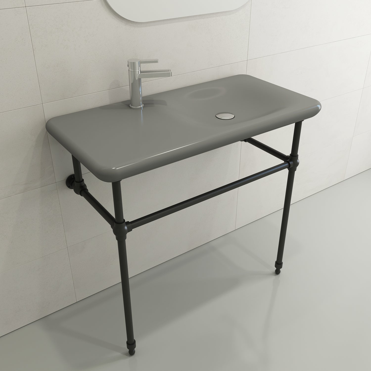 BOCCHI Fenice 36" Rectangle Wallmount Fireclay Bathroom Sink, Matte Gray, Single Faucet Hole, 1490-006-0126