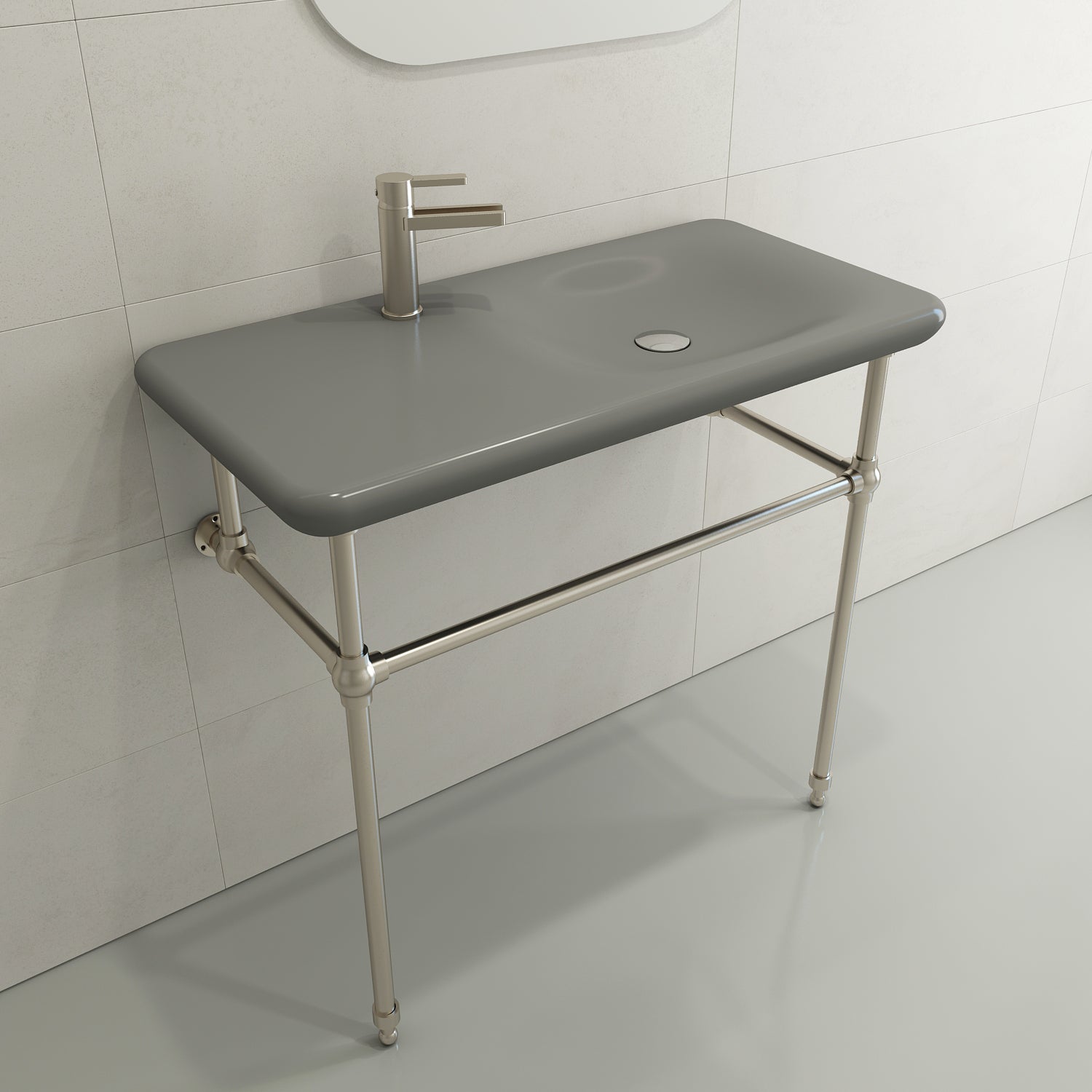 BOCCHI Fenice 36" Rectangle Wallmount Fireclay Bathroom Sink, Matte Gray, Single Faucet Hole, 1490-006-0126