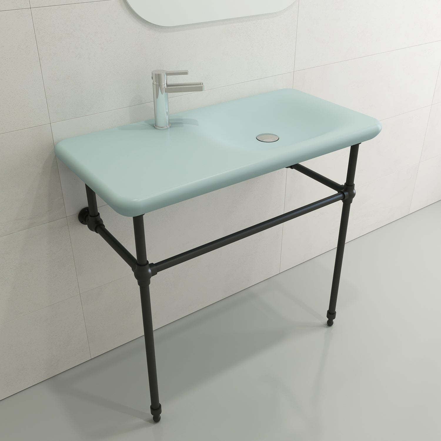 BOCCHI Fenice 36" Rectangle Wallmount Fireclay Bathroom Sink, Matte Ice Blue, Single Faucet Hole, 1490-029-0126