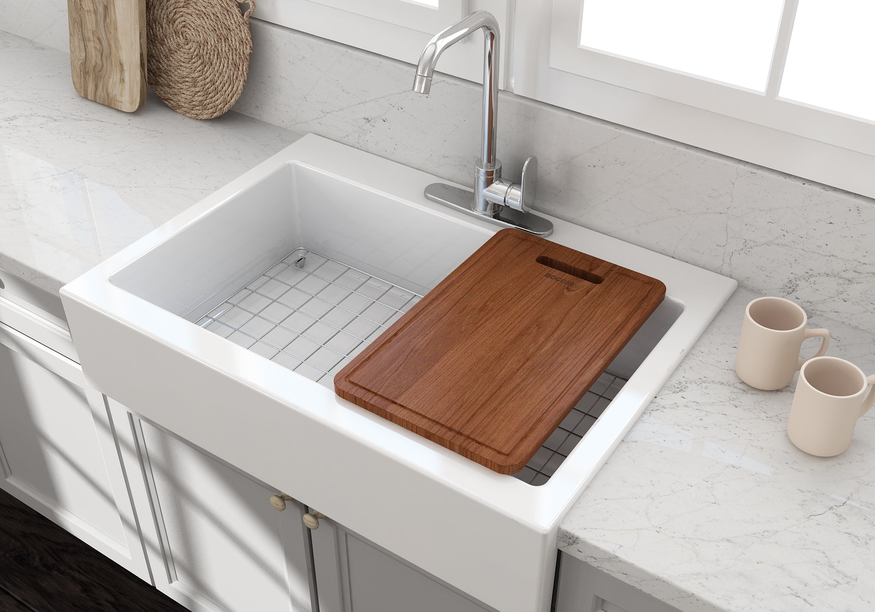 BOCCHI Wooden Cutting Board with handle, Sapele Mahogany Wood, Compatible with 1500, 1501, 1551, and 1604 sinks, 2320 0004