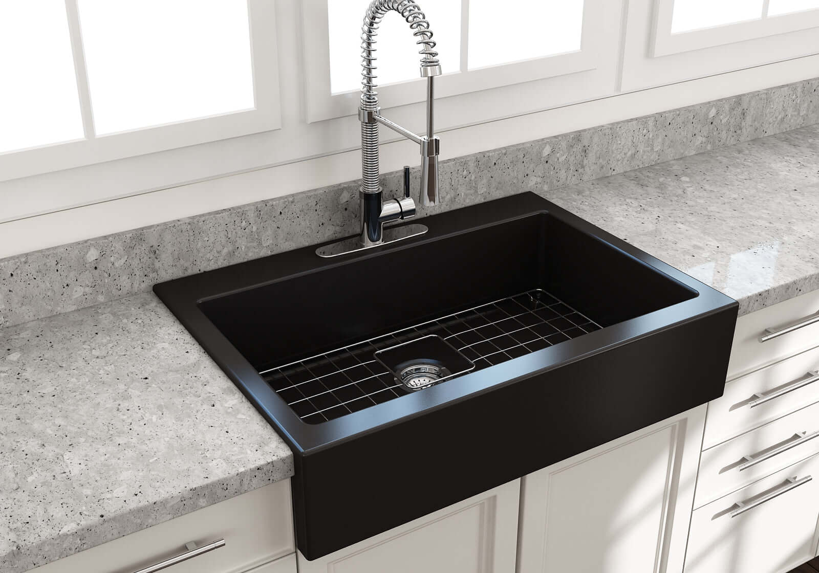 BOCCHI Nuova 34" Fireclay Retrofit Drop-In Farmhouse Sink with Accessories, Matte Black, 1500-004-0127