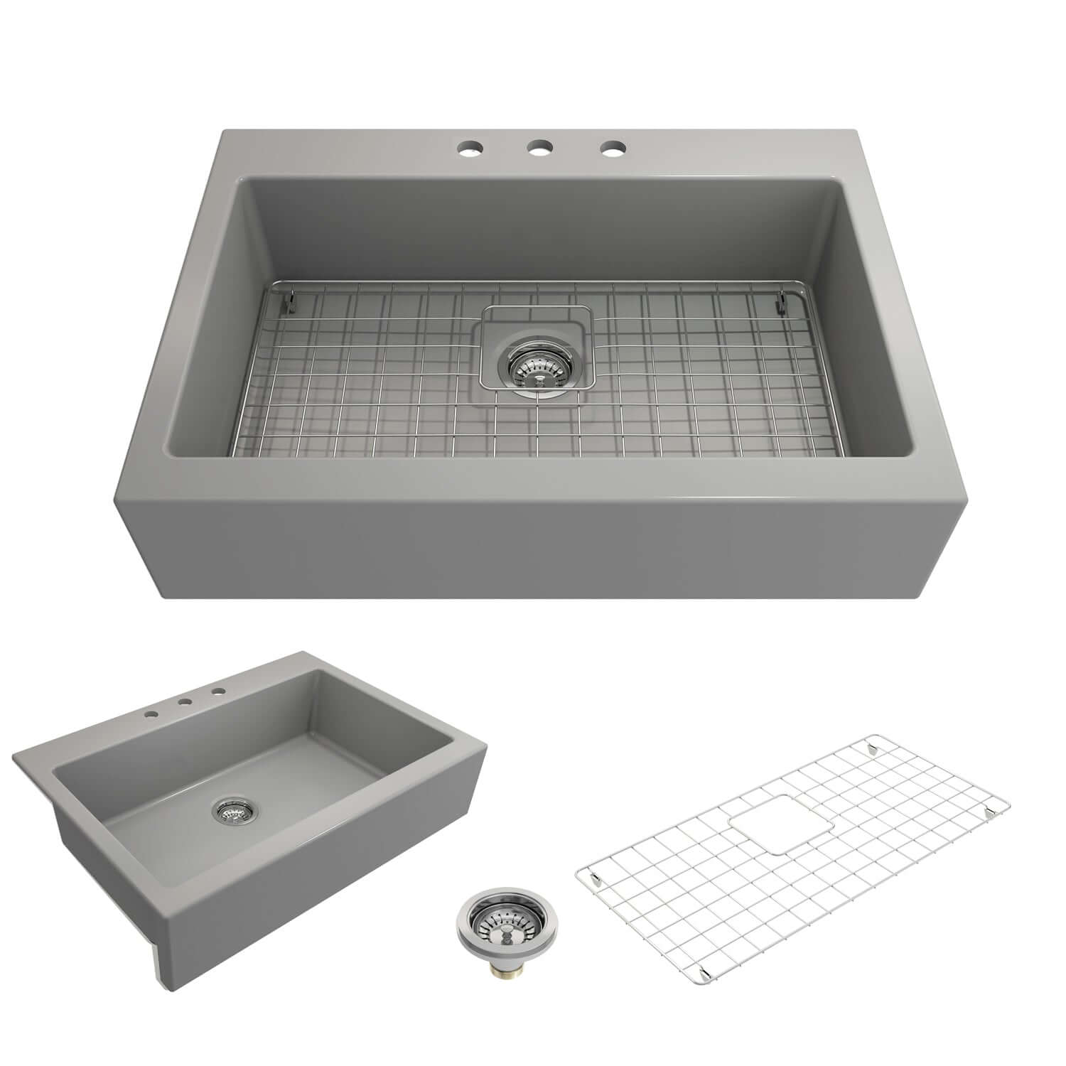 BOCCHI Nuova 34" Fireclay Retrofit Drop-In Farmhouse Sink with Accessories, Matte Gray, 1500-006-0127