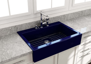 Alternate Image for BOCCHI Nuova 34" Fireclay Retrofit Drop-In Farmhouse Sink with Accessories, Sapphire Blue, 1500-010-0127