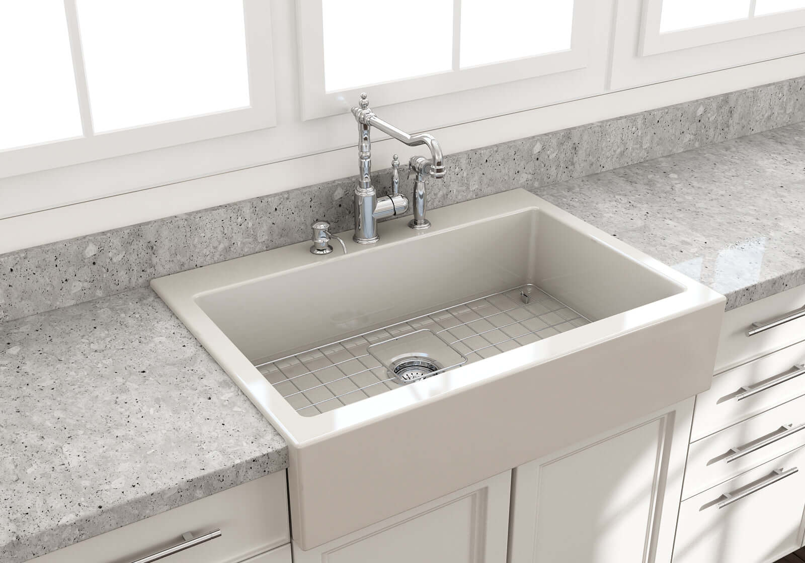 BOCCHI Nuova 34" Fireclay Retrofit Drop-In Farmhouse Sink with Accessories, Biscuit, 1500-014-0127