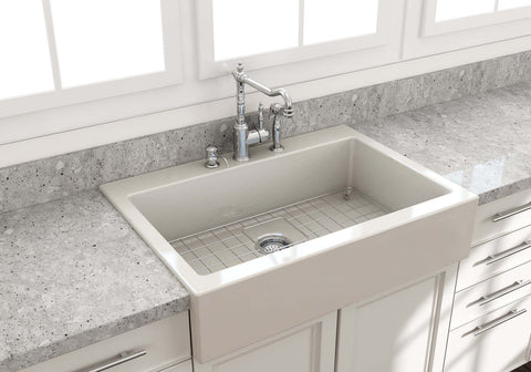 BOCCHI Nuova 34" Fireclay Retrofit Drop-In Farmhouse Sink with Accessories, Biscuit, 1500-014-0127