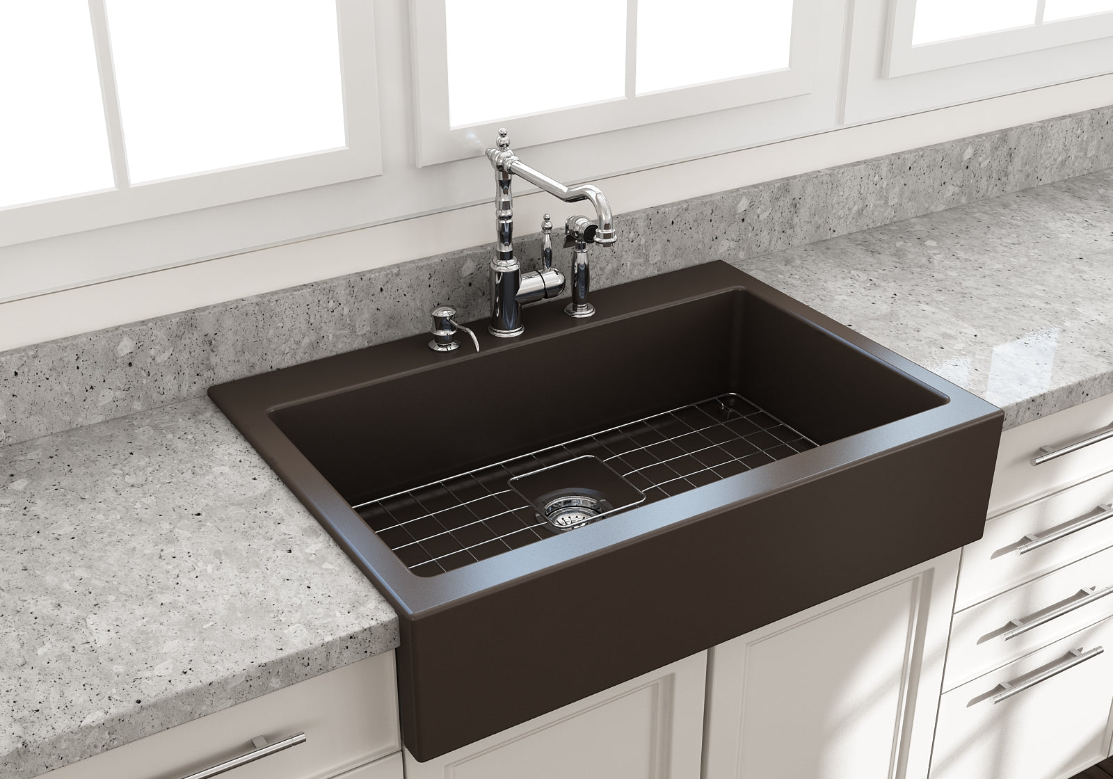BOCCHI Nuova 34" Fireclay Retrofit Drop-In Farmhouse Sink with Accessories, Matte Brown, 1500-025-0127