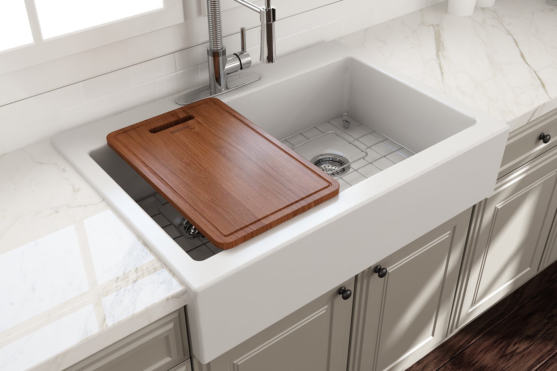 BOCCHI Wooden Cutting Board with handle, Sapele Mahogany Wood, Compatible with 1500, 1501, 1551, and 1604 sinks, 2320 0004