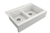 BOCCHI Nuova 34" Fireclay Retrofit Drop-In Farmhouse Sink with Accessories, 50/50 Double Bowl, White, 1501-001-0127