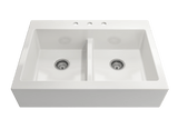 BOCCHI Nuova 34" Fireclay Retrofit Drop-In Farmhouse Sink with Accessories, 50/50 Double Bowl, White, 1501-001-0127