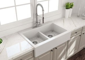 Alternate Image for BOCCHI Nuova 34" Fireclay Retrofit Drop-In Farmhouse Sink with Accessories, 50/50 Double Bowl, Matte White, 1501-002-0127