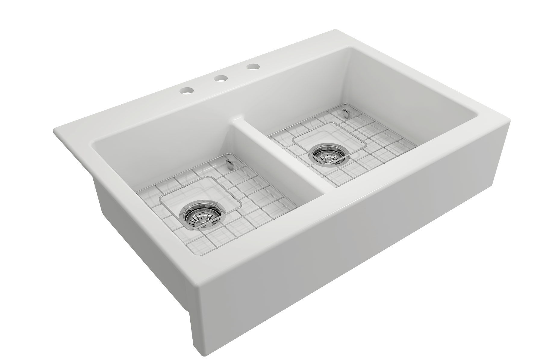 BOCCHI Nuova 34" Fireclay Retrofit Drop-In Farmhouse Sink with Accessories, 50/50 Double Bowl, Matte White, 1501-002-0127