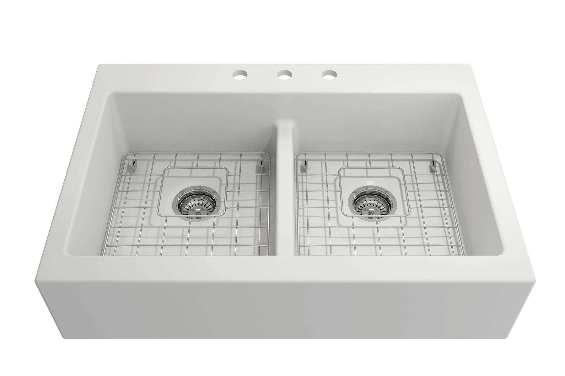 BOCCHI Nuova 34" Fireclay Retrofit Drop-In Farmhouse Sink with Accessories, 50/50 Double Bowl, Matte White, 1501-002-0127