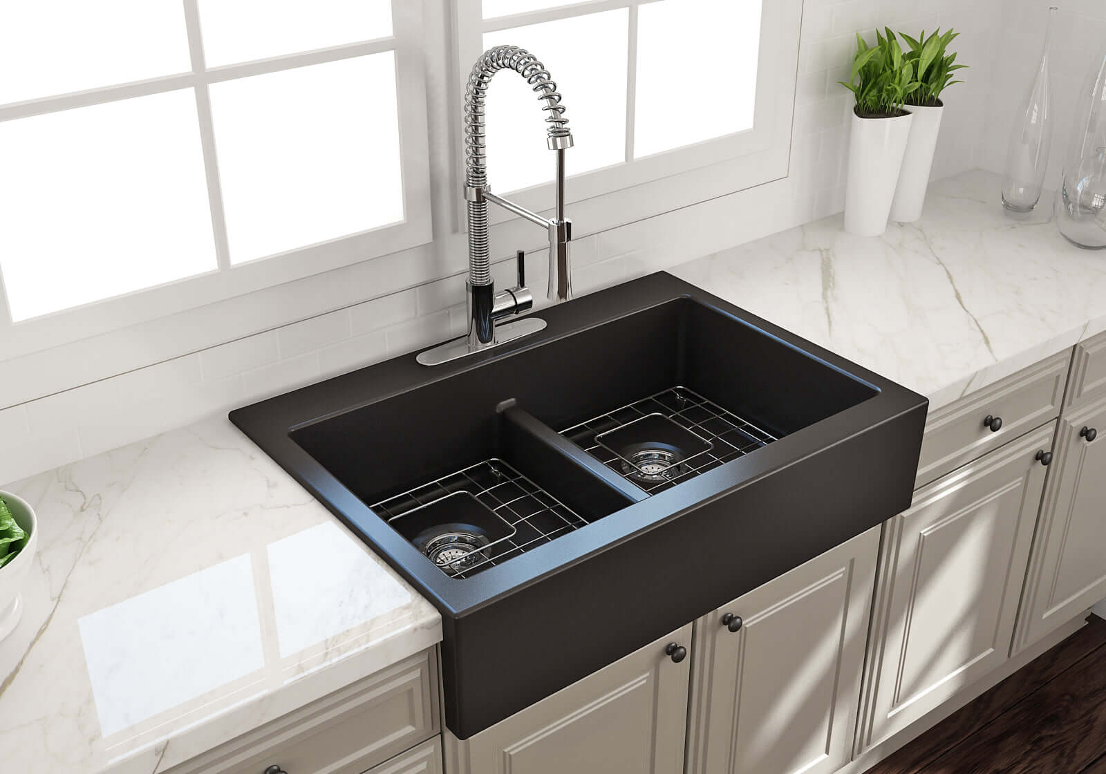 BOCCHI Nuova 34" Fireclay Retrofit Drop-In Farmhouse Sink with Accessories, 50/50 Double Bowl, Matte Black, 1501-004-0127