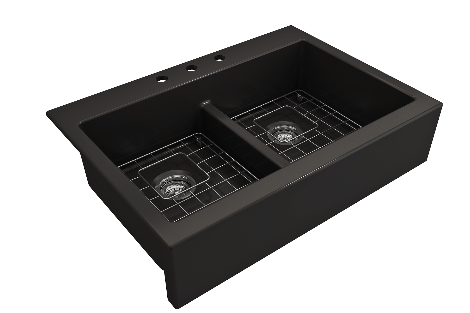 BOCCHI Nuova 34" Fireclay Retrofit Drop-In Farmhouse Sink with Accessories, 50/50 Double Bowl, Matte Black, 1501-004-0127