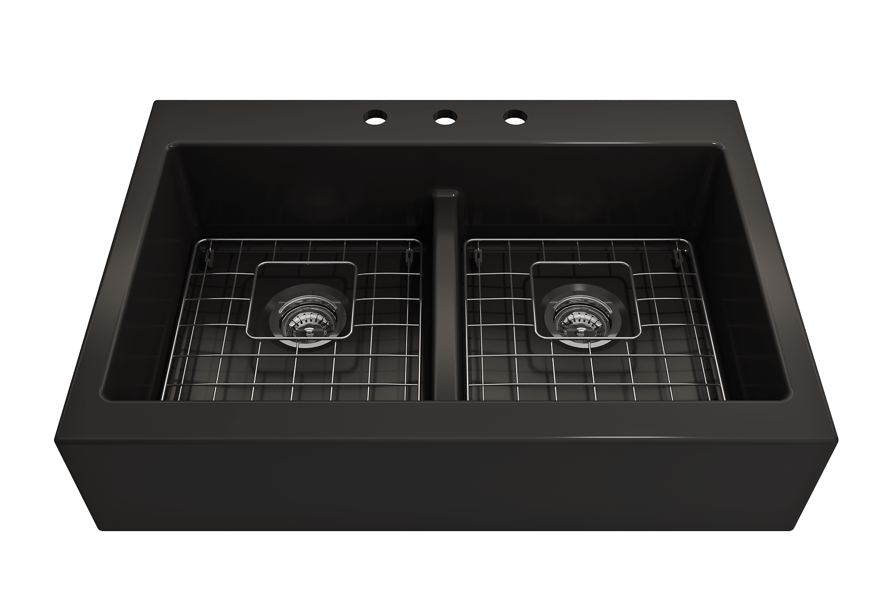 BOCCHI Nuova 34" Fireclay Retrofit Drop-In Farmhouse Sink with Accessories, 50/50 Double Bowl, Matte Black, 1501-004-0127