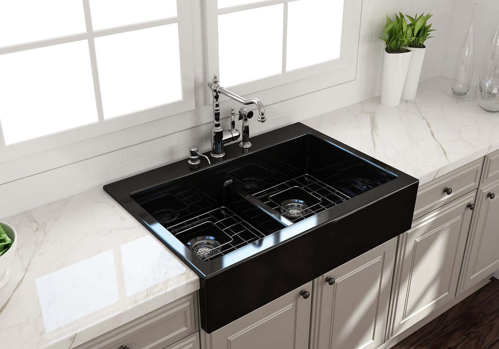 BOCCHI Nuova 34" Fireclay Retrofit Drop-In Farmhouse Sink with Accessories, 50/50 Double Bowl, Black, 1501-005-0127